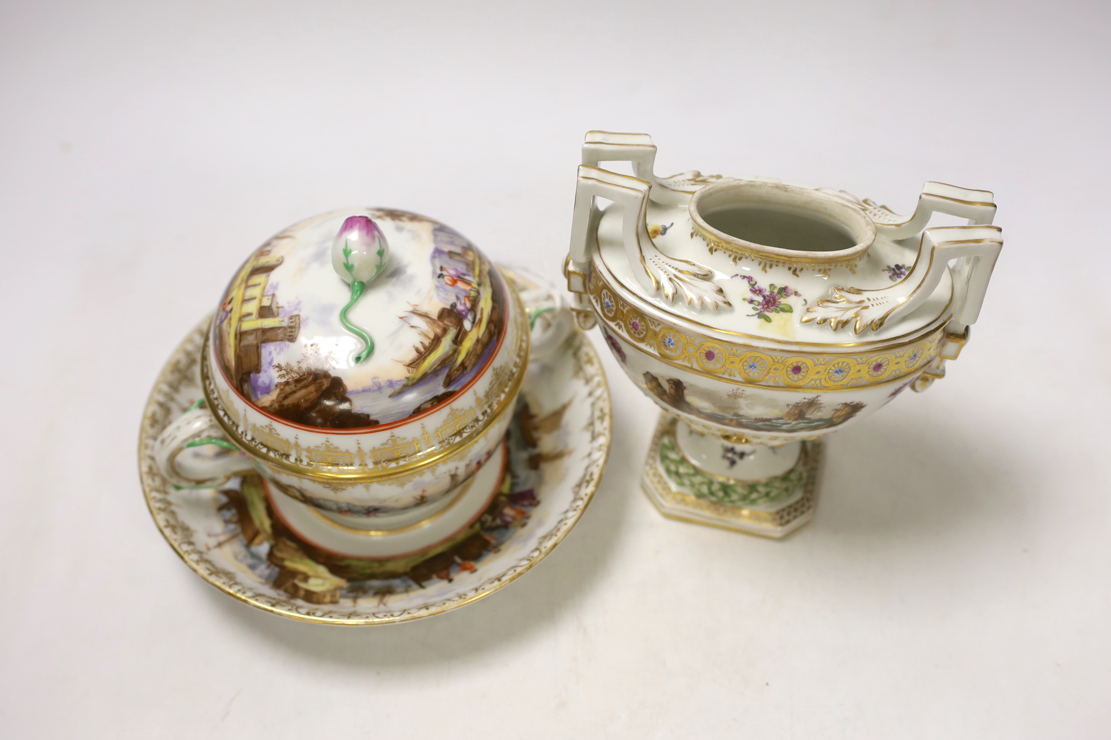 A Dresden porcelain ecuelle, cover and stand and a similar vase, Helen Wolfsohn (2), tallest 15cm